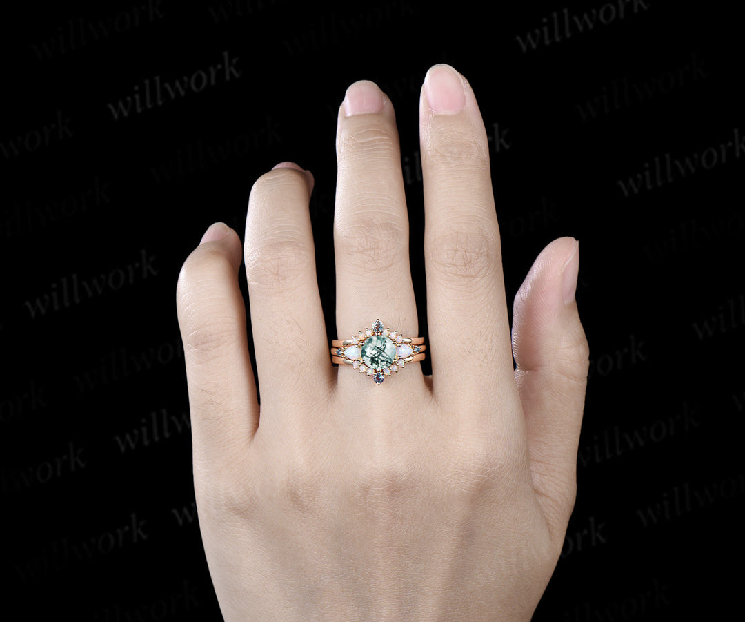 3pcs round cut natural moss agate engagement ring set opal alexandrite 14k yellow gold bridal ring set women