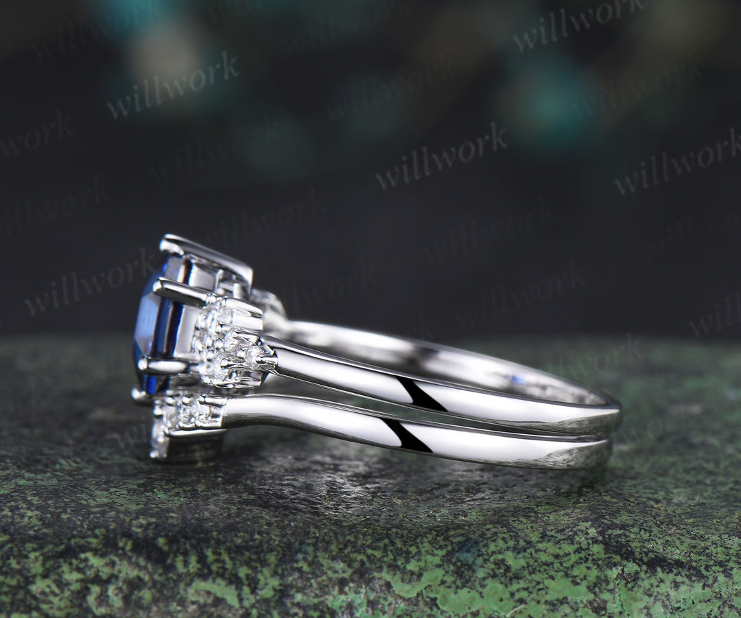 Hexagon cut blue sapphire engagement ring set 14k white gold unique snowdrift diamond wedding ring set women