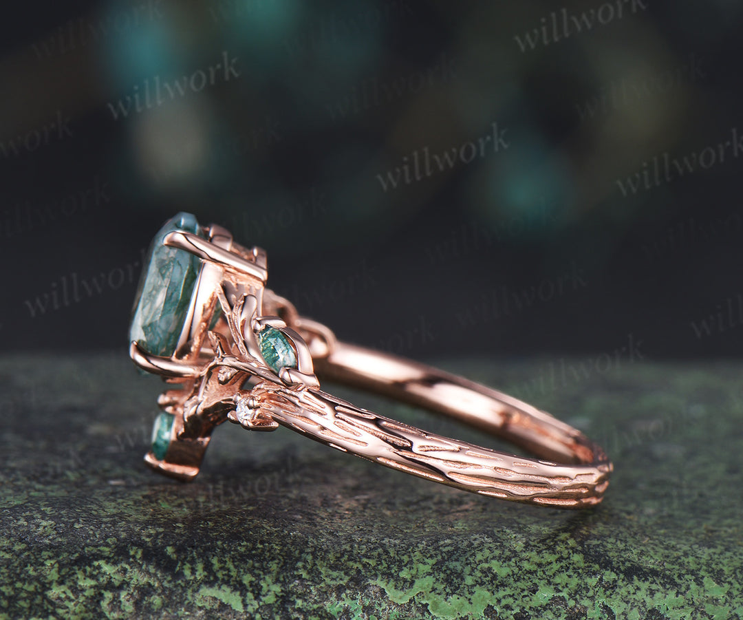 Oval cut moss agate ring vintage leaf branch nature inspired engagement ring 14k rose gold etched wood ring