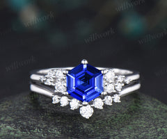 Hexagon cut blue sapphire engagement ring set 14k white gold unique snowdrift diamond wedding ring set women