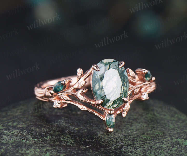 Oval cut moss agate ring vintage leaf branch nature inspired engagement ring 14k rose gold etched wood ring