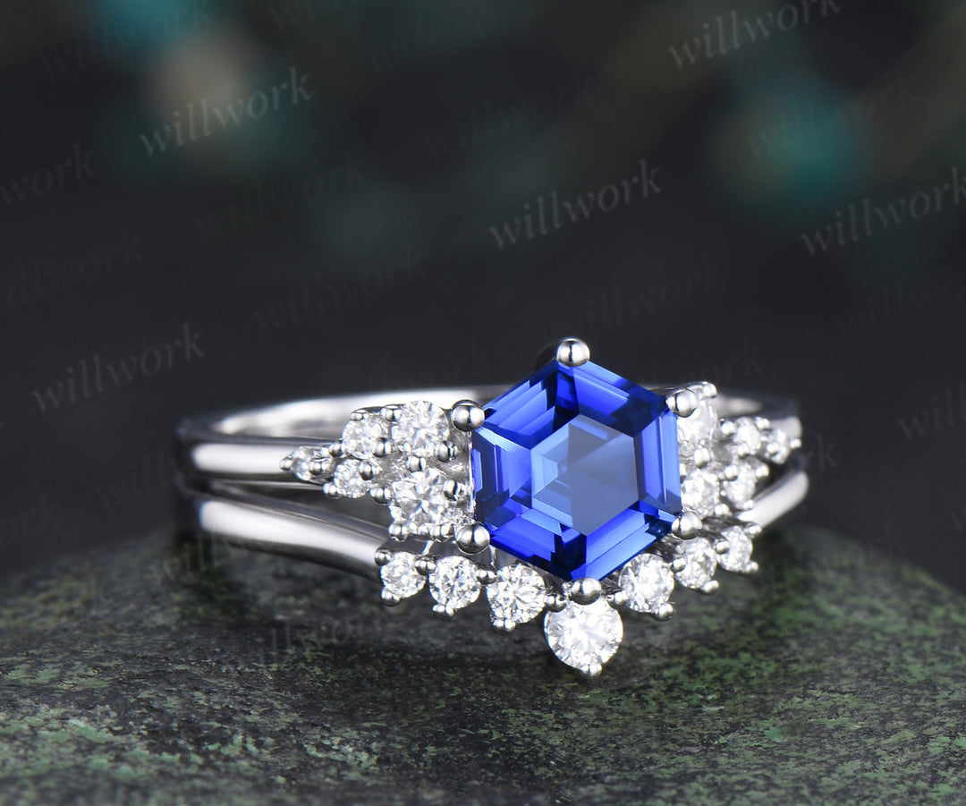Hexagon cut blue sapphire engagement ring set 14k white gold unique snowdrift diamond wedding ring set women