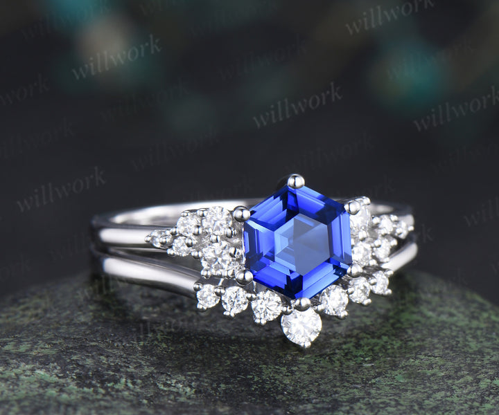 Hexagon cut blue sapphire engagement ring set 14k white gold unique snowdrift diamond wedding ring set women