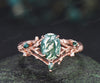 Oval cut moss agate ring vintage leaf branch nature inspired engagement ring 14k rose gold etched wood ring