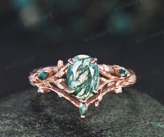 Oval cut moss agate ring vintage leaf branch nature inspired engagement ring 14k rose gold etched wood ring