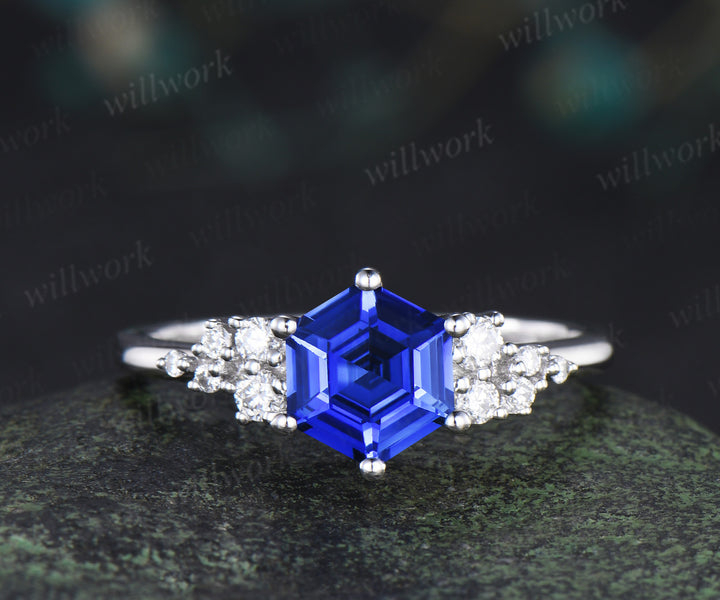 Hexagon cut blue sapphire engagement ring set 14k white gold unique snowdrift diamond wedding ring set women