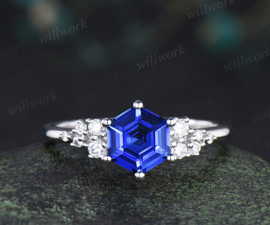 Hexagon cut blue sapphire engagement ring set 14k white gold unique snowdrift diamond wedding ring set women