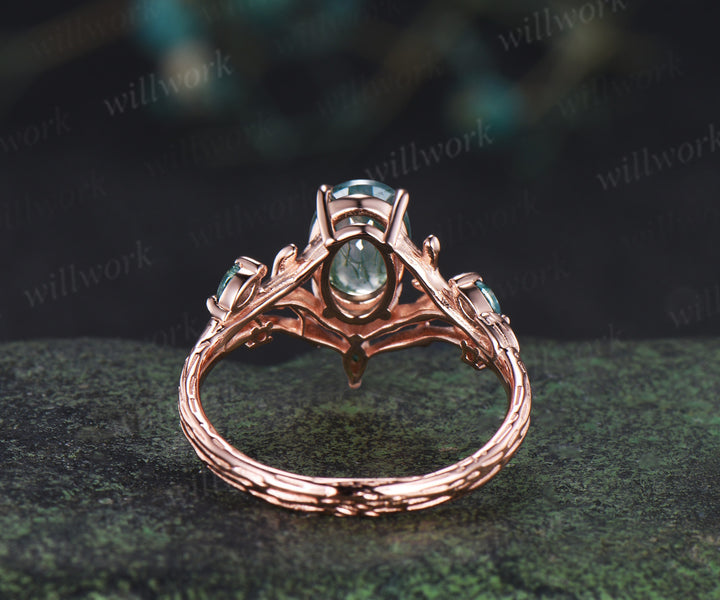 Oval cut moss agate ring vintage leaf branch nature inspired engagement ring 14k rose gold etched wood ring