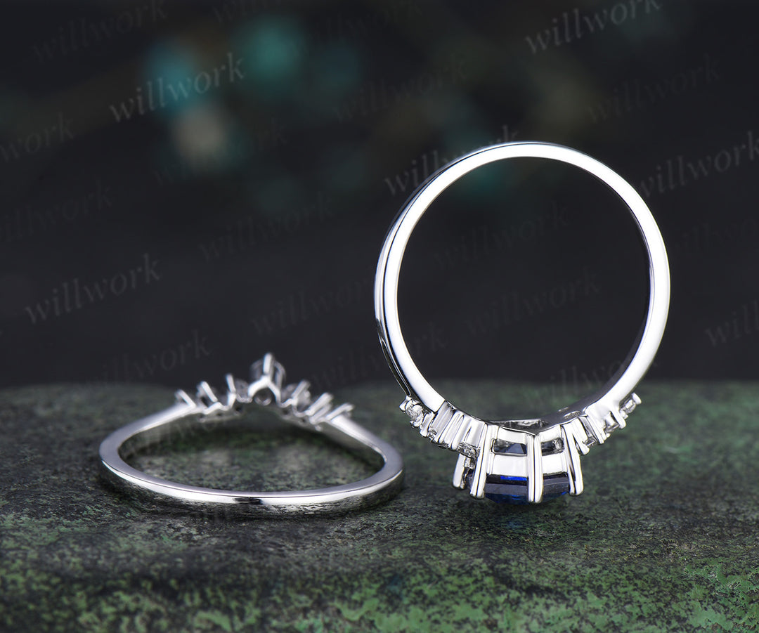 Hexagon cut blue sapphire engagement ring set 14k white gold unique snowdrift diamond wedding ring set women