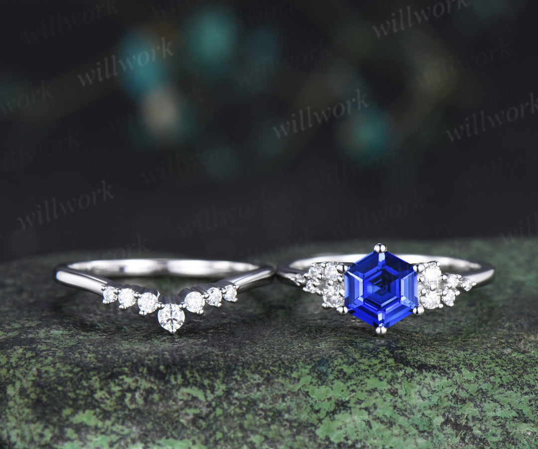 Hexagon cut blue sapphire engagement ring set 14k white gold unique snowdrift diamond wedding ring set women