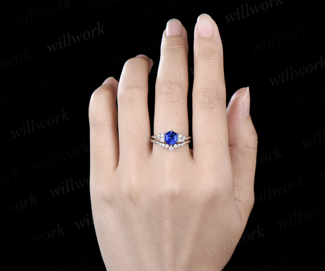 Hexagon cut blue sapphire engagement ring set 14k white gold unique snowdrift diamond wedding ring set women
