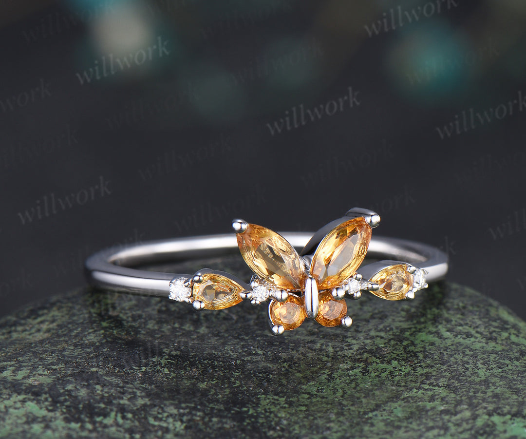Vintage butterfly citrine engagement ring unique marquise cut yellow citrine white gold promise ring anniversary women gift