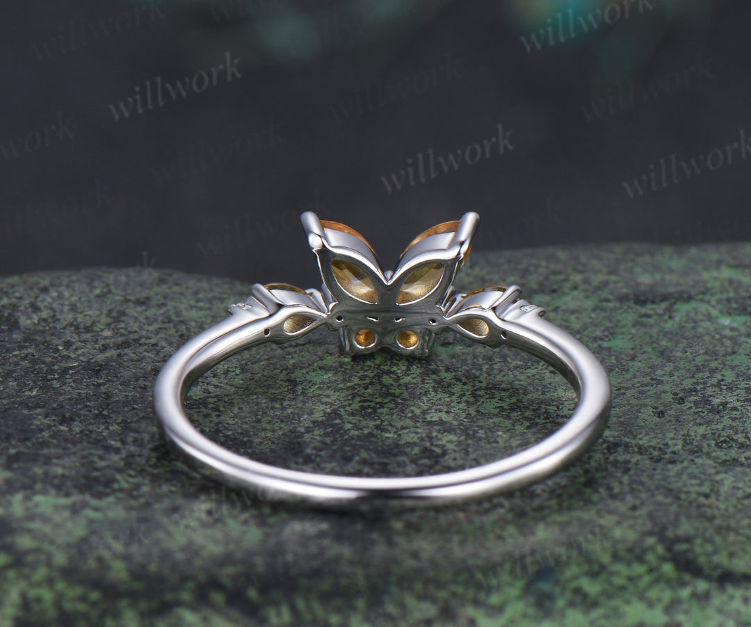 Vintage butterfly citrine engagement ring unique marquise cut yellow citrine white gold promise ring anniversary women gift