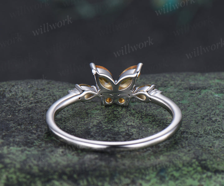 Vintage butterfly citrine engagement ring unique marquise cut yellow citrine white gold promise ring anniversary women gift