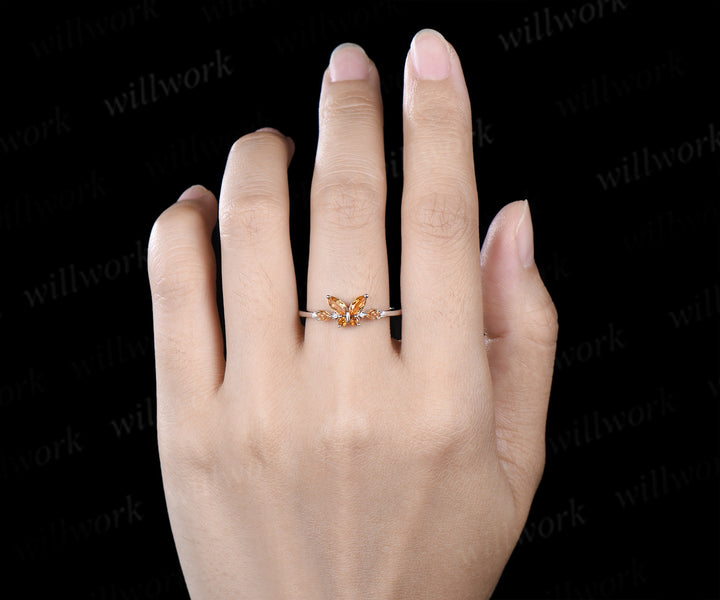 Vintage butterfly citrine engagement ring unique marquise cut yellow citrine white gold promise ring anniversary women gift