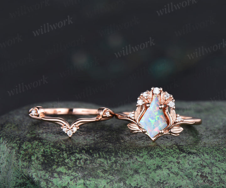 Kite Cut White Opal Leaf Ring Set Vintage Iris Engagement Ring for Women Diamond Unique Opal Promise Bridal Ring Set