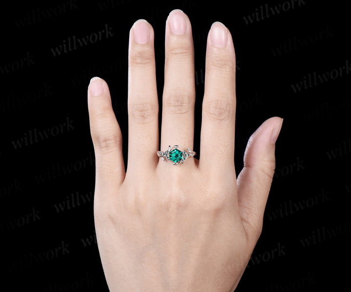 Hexagon cut green emerald Celtic knot engagement ring 14k white gold emerald leaf ring women anniversary gifts