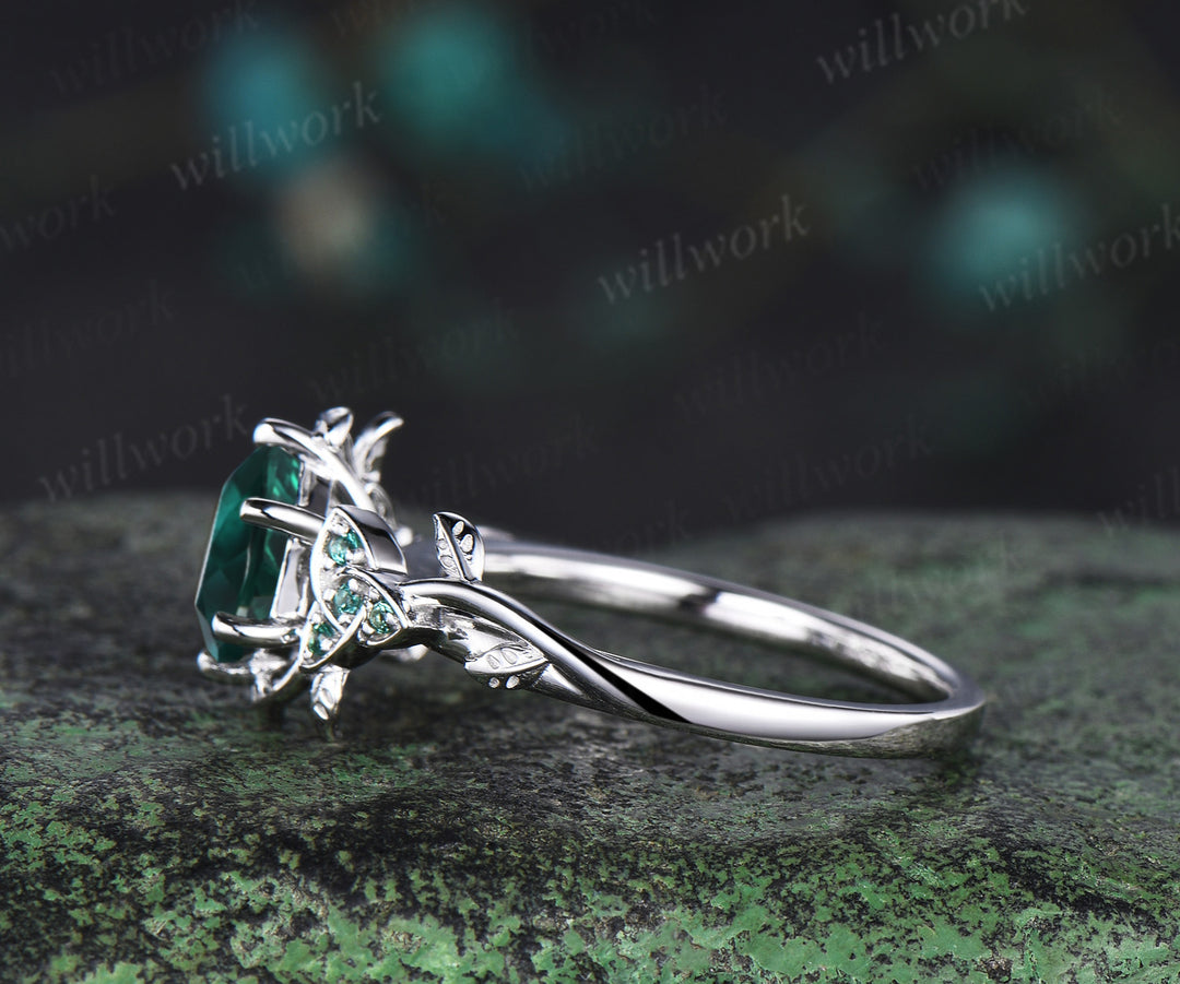 Hexagon cut green emerald Celtic knot engagement ring 14k white gold emerald leaf ring women anniversary gifts