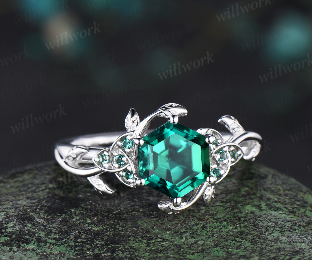 Hexagon cut green emerald Celtic knot engagement ring 14k white gold emerald leaf ring women anniversary gifts