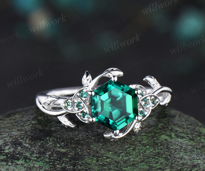 Hexagon cut green emerald Celtic knot engagement ring 14k white gold emerald leaf ring women anniversary gifts