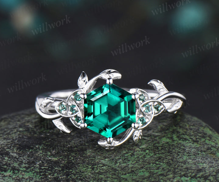 Hexagon cut green emerald Celtic knot engagement ring 14k white gold emerald leaf ring women anniversary gifts