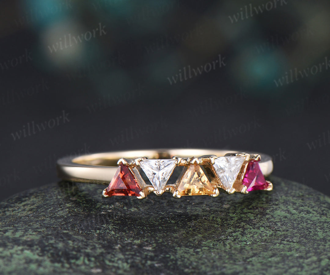 Trilliant cut garnet citrine ruby moissanite ring solid 14k yellow gold five stone wedding band Multi-Stone Rings anniversary gift