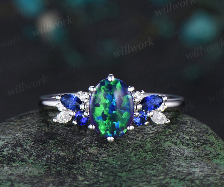 Oval cut black opal engagement ring 6 prong white gold cluster snowdrift bridal anniversary ring set women jewelry
