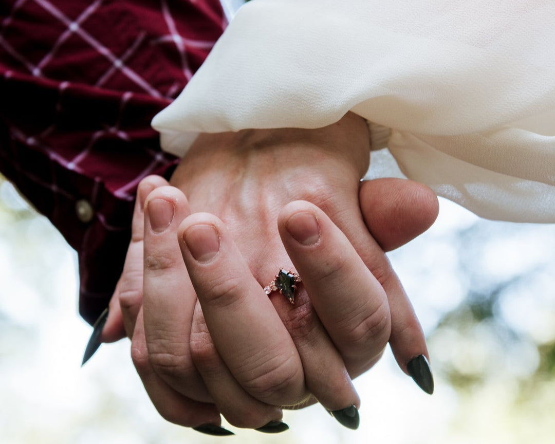 Vintage kite cut salt and pepper diamond engagement ring set unique bridal wedding ring set