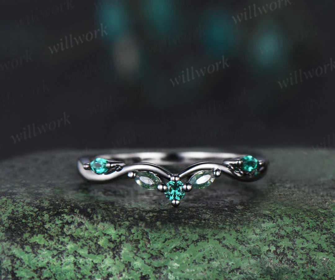 Black Gold Pear Emerald Engagement Ring Set Twig Vine Wedding Ring Gothic Promise Rings
