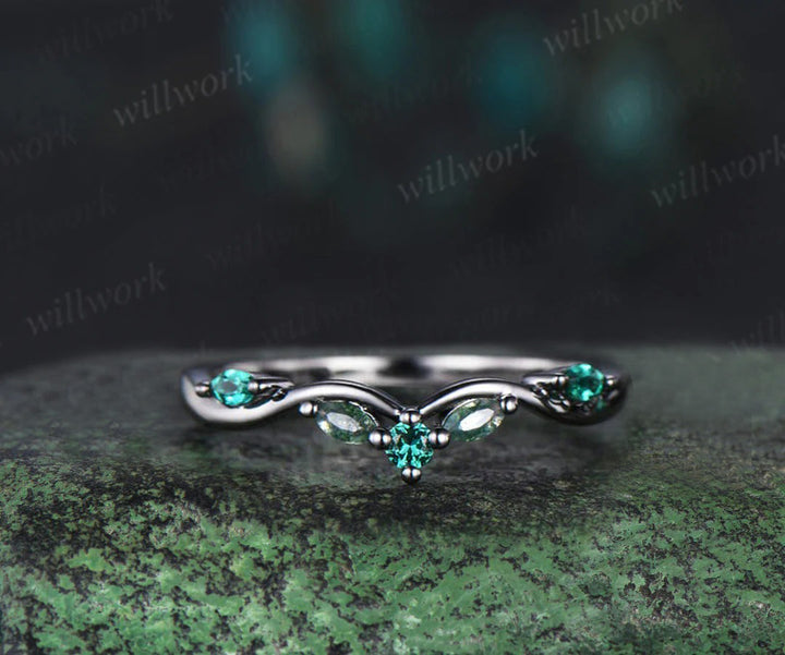 Black Gold Pear Emerald Engagement Ring Set Twig Vine Wedding Ring Gothic Promise Rings