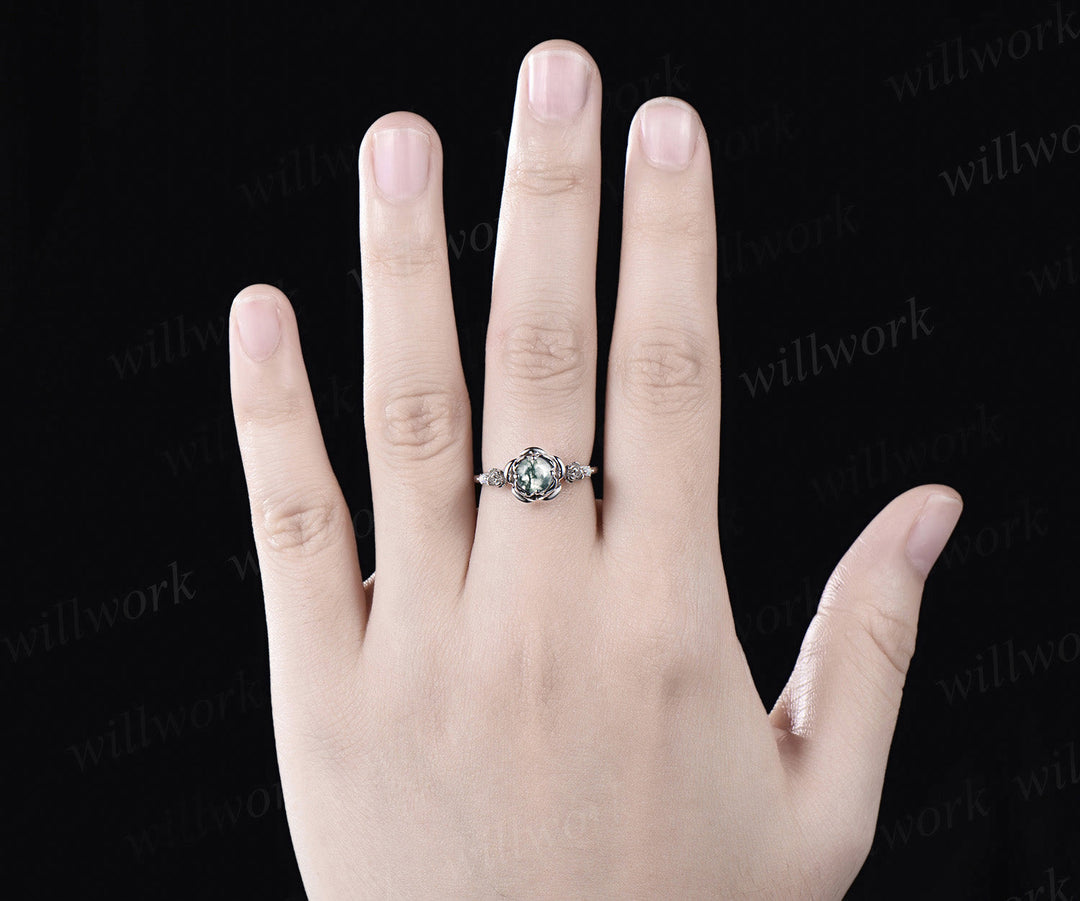 Round cut moss agate engagement ring white gold flower floral three stone opal ring vintage wedding ring women jewelry