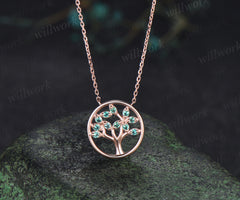 Round Emerald Family Tree Pendant Necklace Leaf Shape Milgrain Green Gemstone Pendant Jewelry