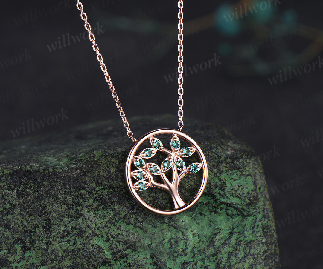 Round Emerald Family Tree Pendant Necklace Leaf Shape Milgrain Green Gemstone Pendant Jewelry