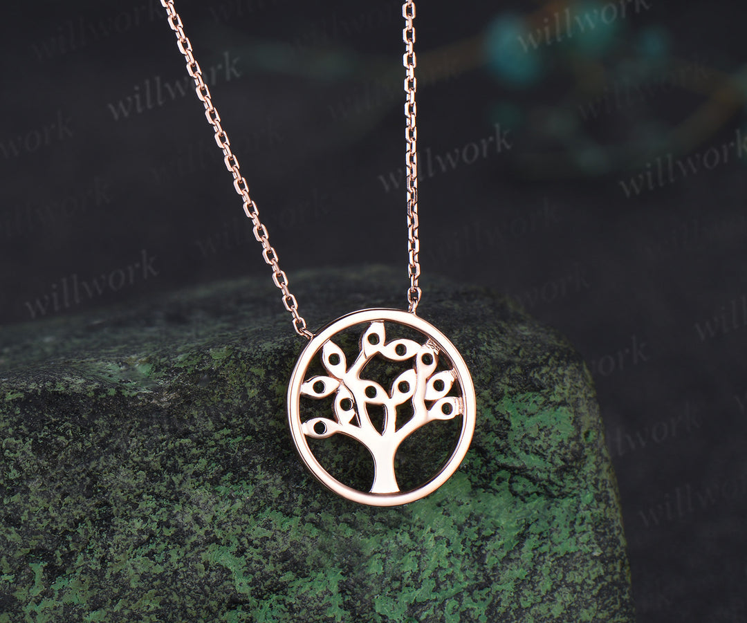 Round Emerald Family Tree Pendant Necklace Leaf Shape Milgrain Green Gemstone Pendant Jewelry