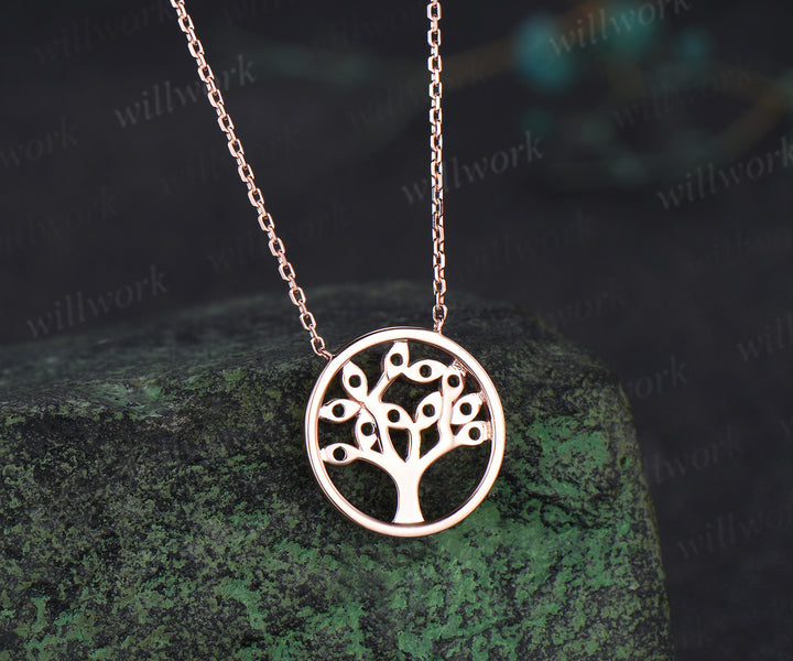 Round Emerald Family Tree Pendant Necklace Leaf Shape Milgrain Green Gemstone Pendant Jewelry