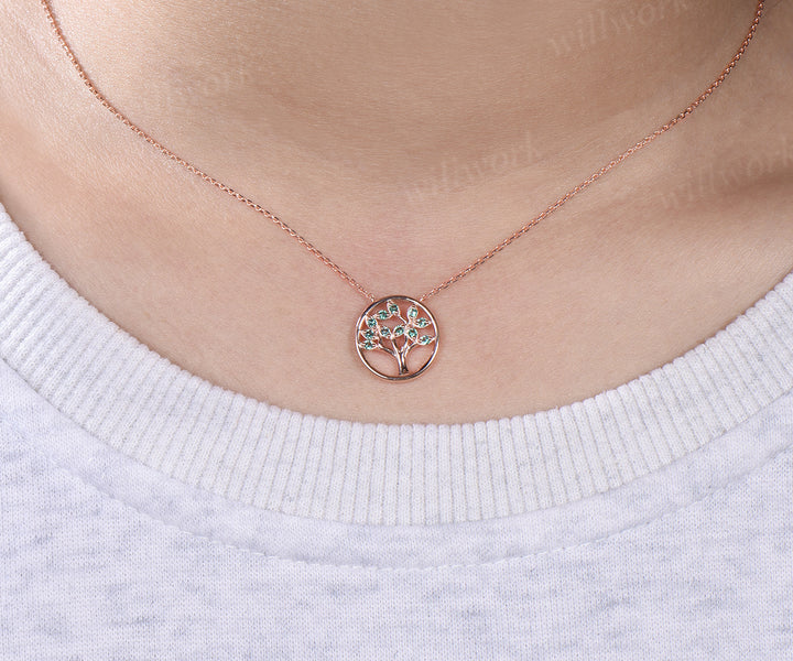 Round Emerald Family Tree Pendant Necklace Leaf Shape Milgrain Green Gemstone Pendant Jewelry