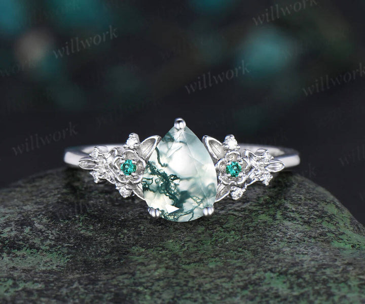 Vintage pear green moss agate engagement ring rose gold leaf flower emerald ring women unique cluster diamond bridal wedding ring set gift