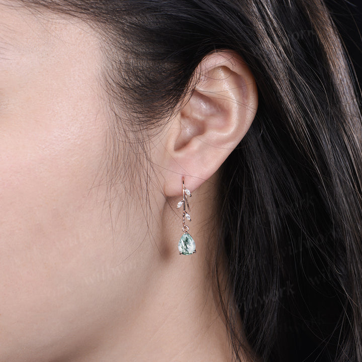 Unique pear moss agate leaf moissanites earrings marquise cut moissanite dangle earrings gift for her