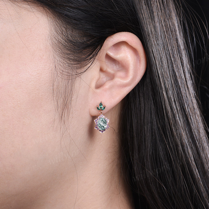 Vintage oval cut moss agate earrings with floral amethyst halo 14k rose gold leaf marquise emerald drop earrings gifts for her