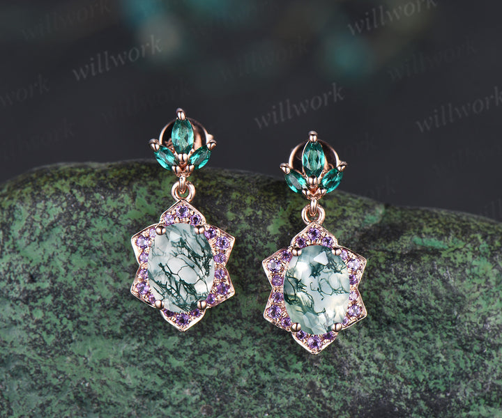Vintage oval cut moss agate earrings with floral amethyst halo 14k rose gold leaf marquise emerald drop earrings gifts for her