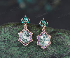 Vintage oval cut moss agate earrings with floral amethyst halo 14k rose gold leaf marquise emerald drop earrings gifts for her