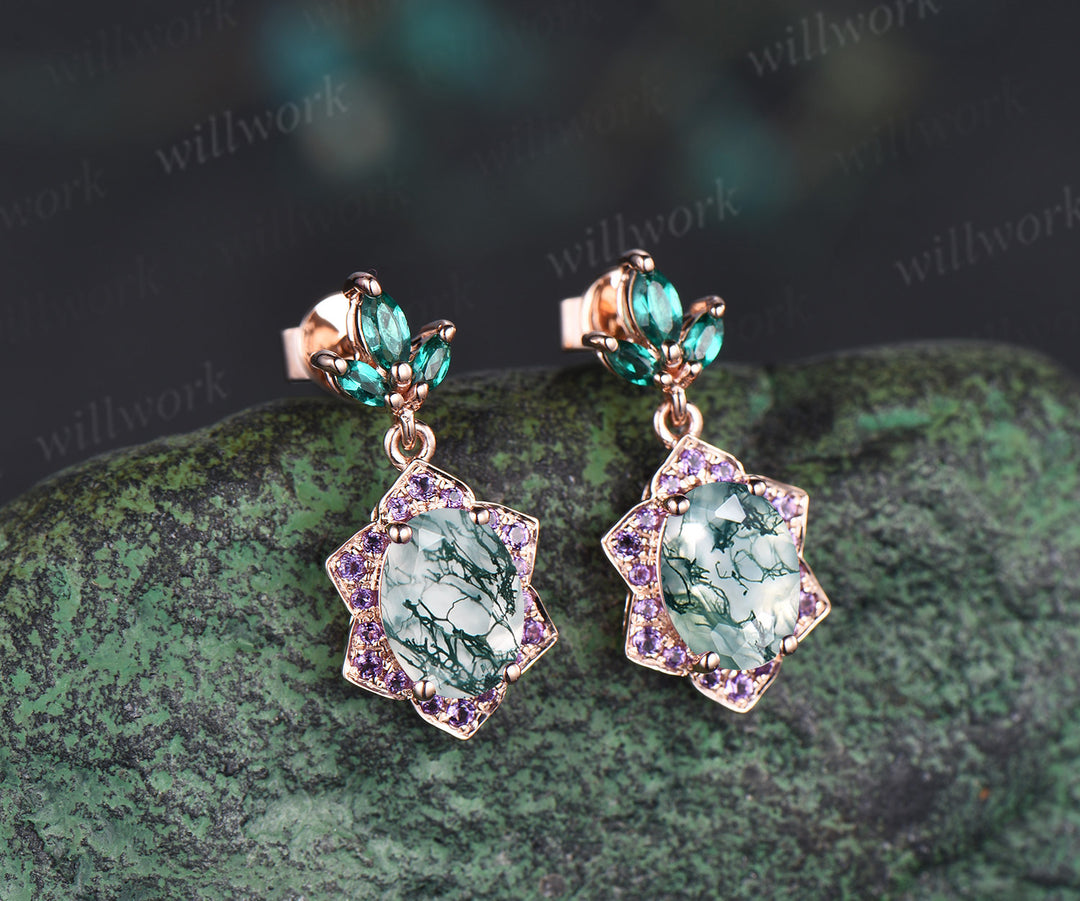 Vintage oval cut moss agate earrings with floral amethyst halo 14k rose gold leaf marquise emerald drop earrings gifts for her