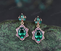 Unique oval emerald earrings with floral amethyst halo 14k rose gold leaf marquise emerald drop earrings anniversary birthday gifts