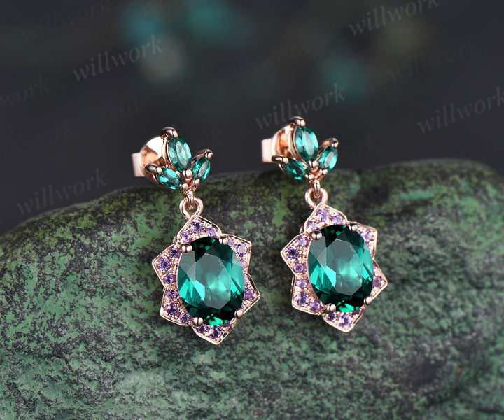 Unique oval emerald earrings with floral amethyst halo 14k rose gold leaf marquise emerald drop earrings anniversary birthday gifts