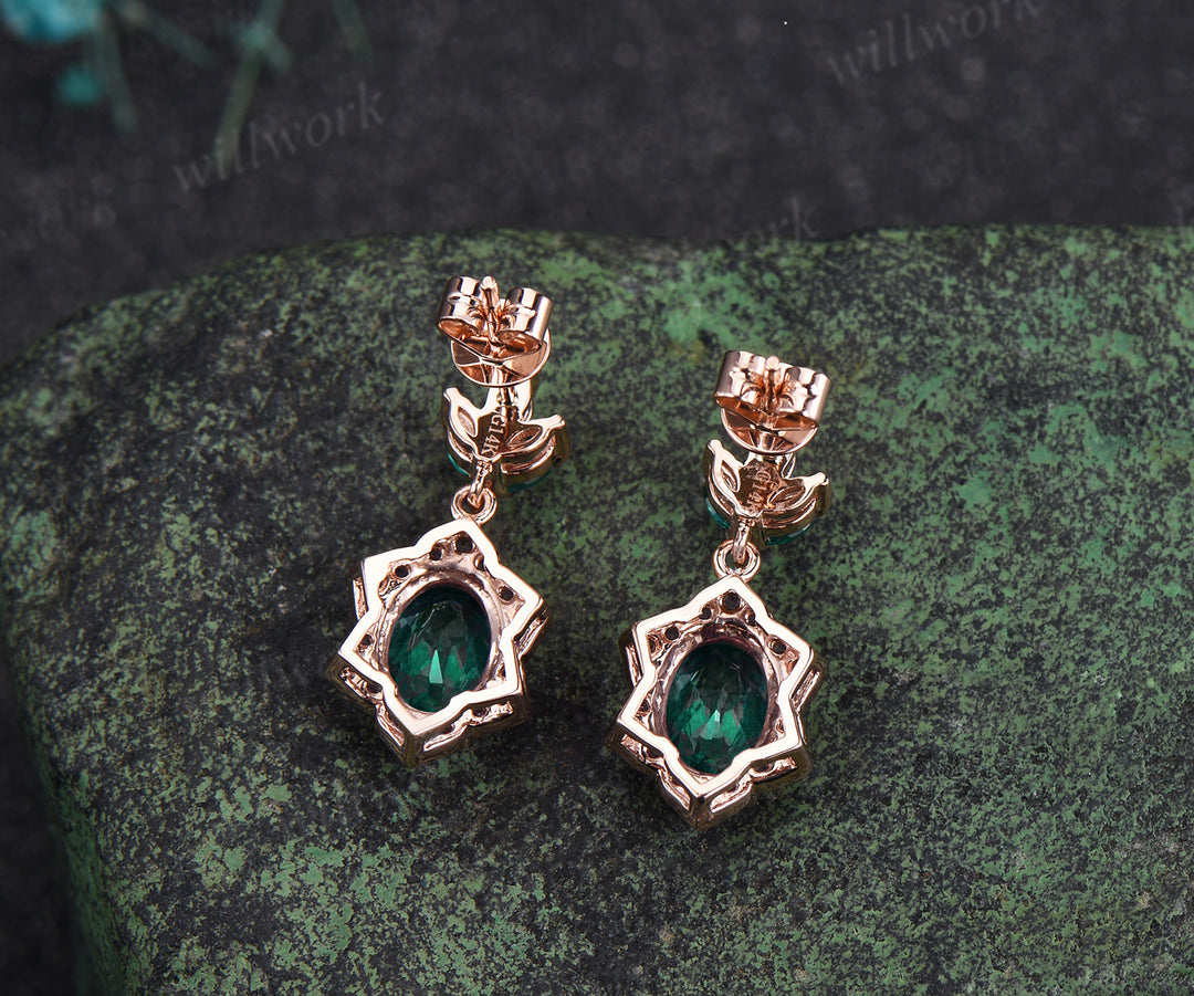 Unique oval emerald earrings with floral amethyst halo 14k rose gold leaf marquise emerald drop earrings anniversary birthday gifts