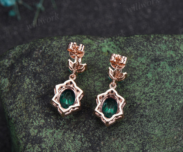 Unique oval emerald earrings with floral amethyst halo 14k rose gold leaf marquise emerald drop earrings anniversary birthday gifts