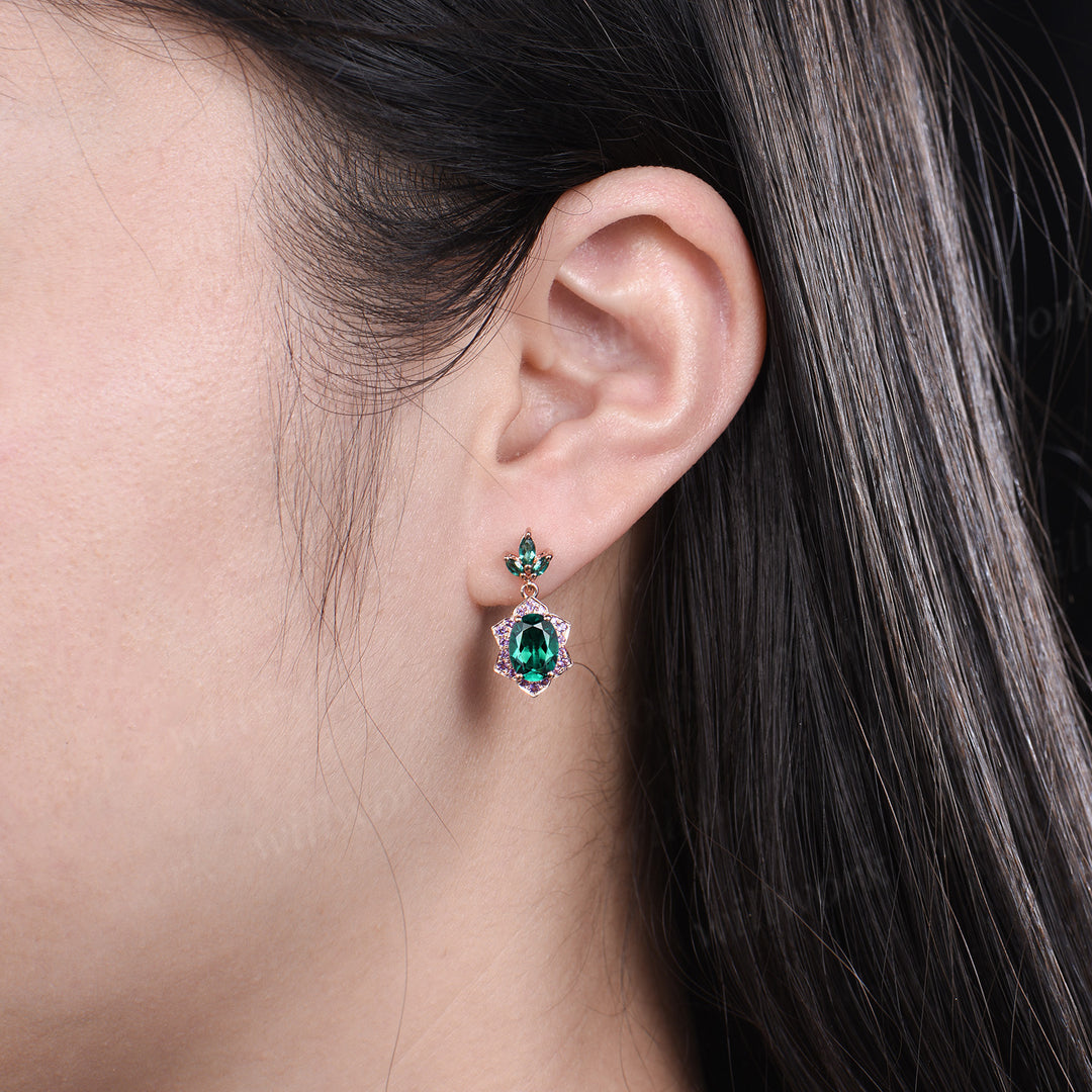 Unique oval emerald earrings with floral amethyst halo 14k rose gold leaf marquise emerald drop earrings anniversary birthday gifts