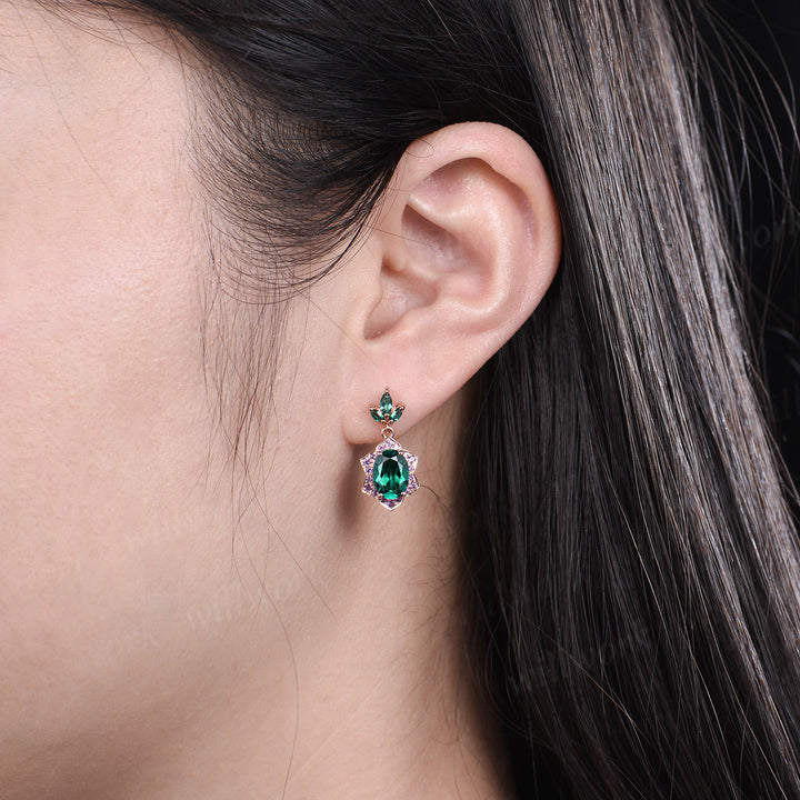 Unique oval emerald earrings with floral amethyst halo 14k rose gold leaf marquise emerald drop earrings anniversary birthday gifts