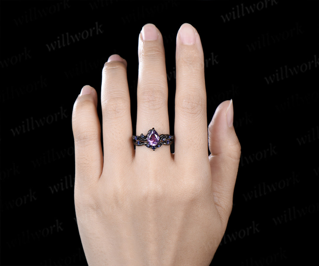 Leaf Pear Amethyst Accent Sapphires Bridal Ring Set & Tungsten Galaxy Nebula Mens Band Couple Ring Set