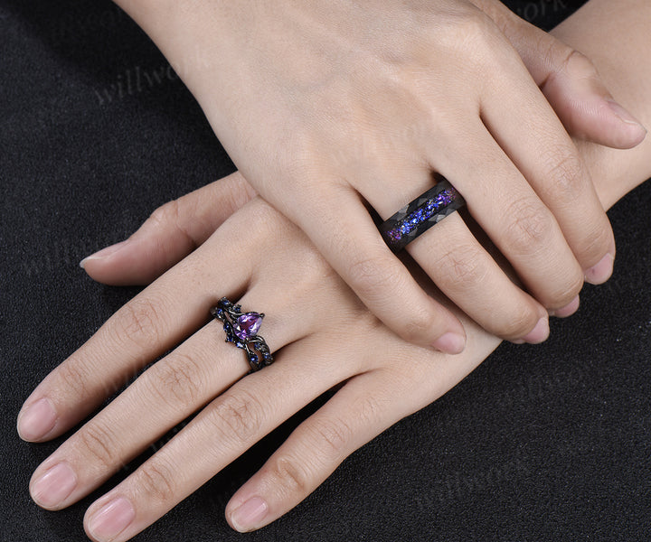 Leaf Pear Amethyst Accent Sapphires Bridal Ring Set & Tungsten Galaxy Nebula Mens Band Couple Ring Set
